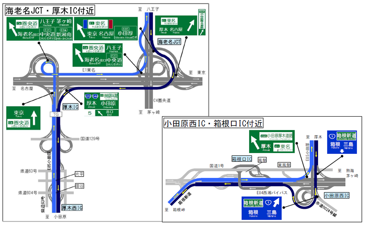 東京～沼津以西をご利用の場合の迂回ルート図